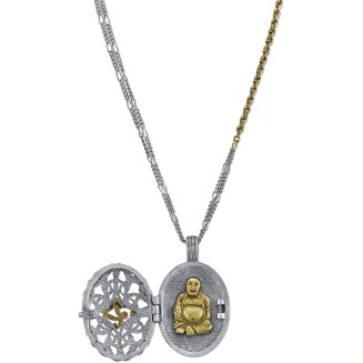 Boho Ohm Symbol Sitting Buddha Locket Pendant Necklace For Women 36 Inch