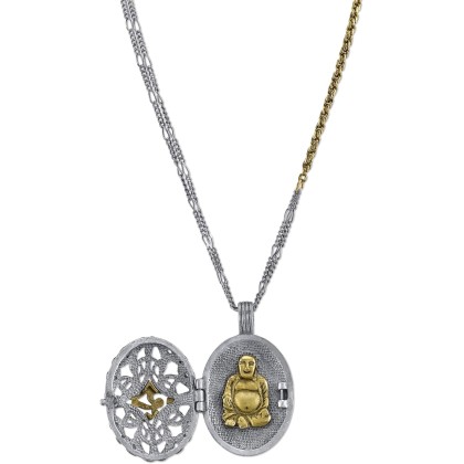 Boho Ohm Symbol Sitting Buddha Locket Pendant Necklace For Women 36 Inch