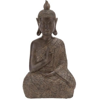 Polystone Buddha Decorative Sculpture Meditating Home Decor Statue with Engraved Carvings and Relief Detailing, Accent Figurine 9" x 6" x 17", Brown