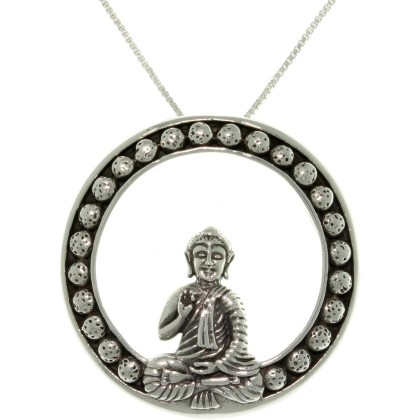 Buddha Teaching Wisdom Dharma Wheel Buddhist Sterling Silver Pendant Necklace 18"