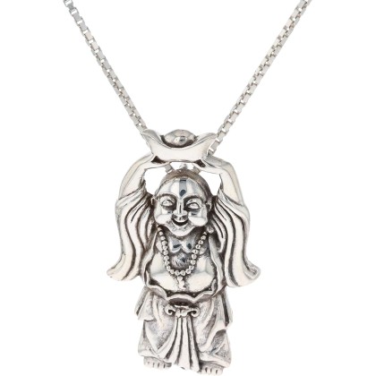 Hotei Money Buddha Offering Prosperity Sterling Silver Pendant Necklace 18"