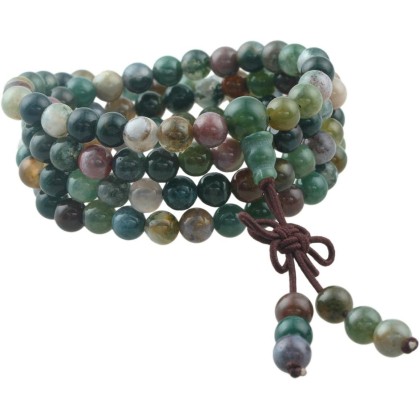 Indian Agate 108 Tibetan Buddhist Mala Bracelet Stone Beaded Prayer Bead