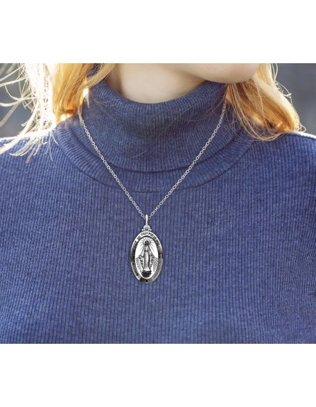 Ladies 925 Sterling Silver 32.5mm Virgin Mary Antique Finish Necklace, 18in to 24in