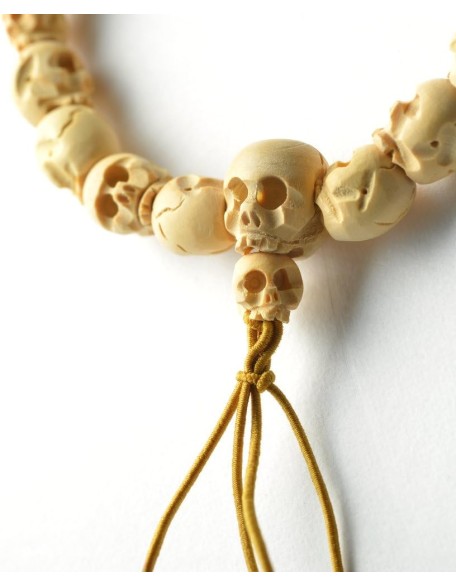 Japanese Boxwood (Tsuge) Skull Mens Wood Bracelet White Black Buxus Juzu Halloween Craft Handmade in Kyoto