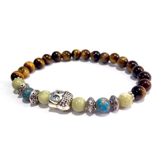 Handmade Buddha Head Peridot Jasper, Natural Crazy Blue Lace Agate and Tigers Eye Healing Bracelet 7 Inches