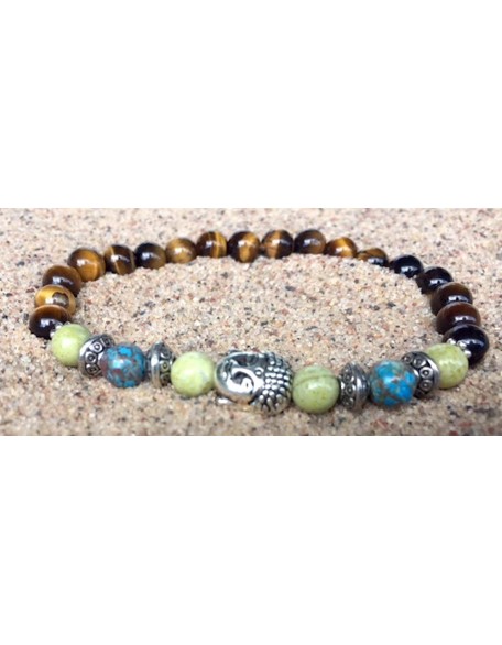 Handmade Buddha Head Peridot Jasper, Natural Crazy Blue Lace Agate and Tigers Eye Healing Bracelet 7 Inches