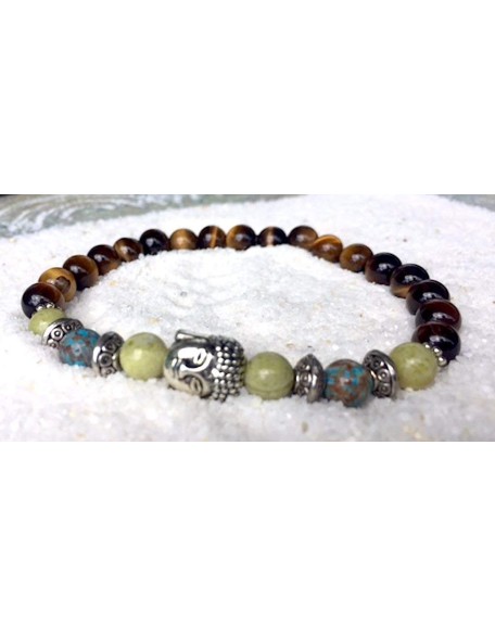 Handmade Buddha Head Peridot Jasper, Natural Crazy Blue Lace Agate and Tigers Eye Healing Bracelet 7 Inches