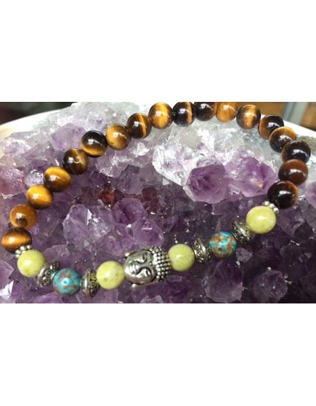 Handmade Buddha Head Peridot Jasper, Natural Crazy Blue Lace Agate and Tigers Eye Healing Bracelet 7 Inches