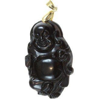 Obsidian Pendant Large Goldtone Necklace Bail Carved Laughing Buddha With Ball 2 Inches