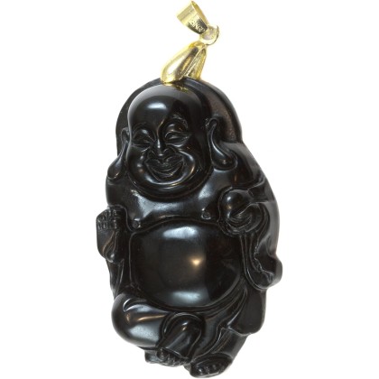 Obsidian Pendant Large Goldtone Necklace Bail Carved Laughing Buddha With Ball 2 Inches