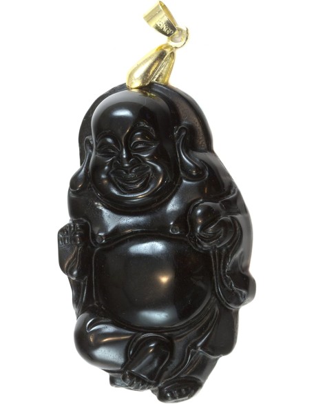 Obsidian Pendant Large Goldtone Necklace Bail Carved Laughing Buddha With Ball 2 Inches