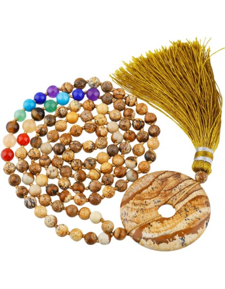 7 Chakra Stone 108 Tibetan Buddhist Mala Necklace,with Round Donut Amulet