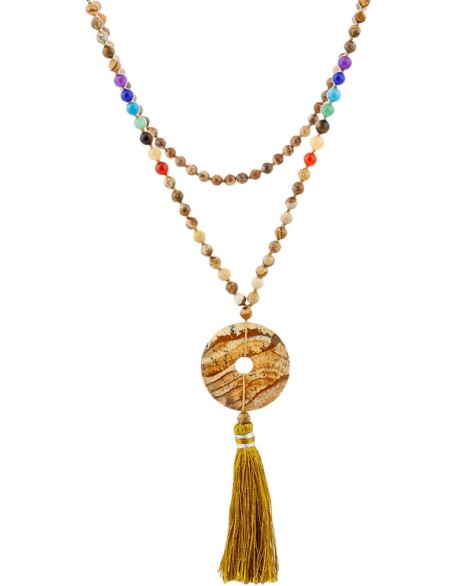 7 Chakra Stone 108 Tibetan Buddhist Mala Necklace,with Round Donut Amulet