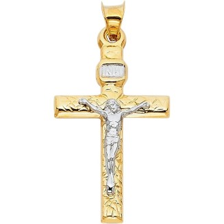 14K Two Tone Gold Crucifix Cross Religious Charm Pendant - 31x20 MM Real Gold Crucifix Charm Necklace Pendant - Great Gift for Men and Women