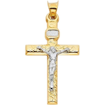 14K Two Tone Gold Crucifix Cross Religious Charm Pendant - 31x20 MM Real Gold Crucifix Charm Necklace Pendant - Great Gift for Men and Women