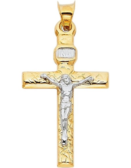 14K Two Tone Gold Crucifix Cross Religious Charm Pendant - 31x20 MM Real Gold Crucifix Charm Necklace Pendant - Great Gift for Men and Women