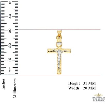 14K Two Tone Gold Crucifix Cross Religious Charm Pendant - 31x20 MM Real Gold Crucifix Charm Necklace Pendant - Great Gift for Men and Women