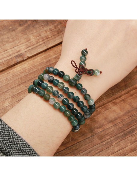108 Mala Beads Bracelet 6mm 8mm Natural Indian Agate/Green Moss Agate Gemstone Healing Crystal Stone Beaded Bracelet Hand Knotted Prayer Mala Beads Necklace for Yoga Meditation Balance