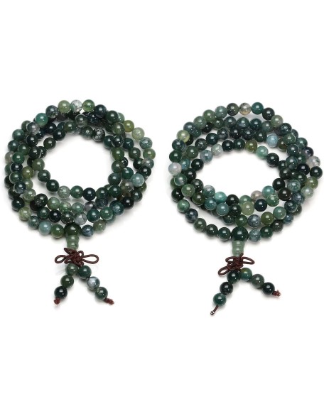 108 Mala Beads Bracelet 6mm 8mm Natural Indian Agate/Green Moss Agate Gemstone Healing Crystal Stone Beaded Bracelet Hand Knotted Prayer Mala Beads Necklace for Yoga Meditation Balance