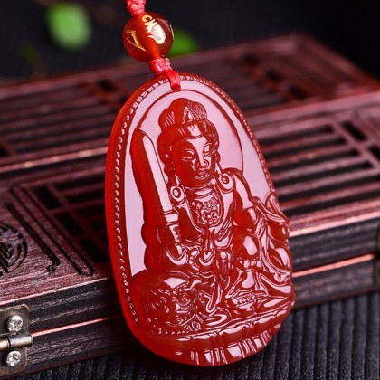Buddha Pendant Necklace Bodhisattva Amulet Talisman Made of Agate Gemstone red green (red agate Manjushri (Wisdom))