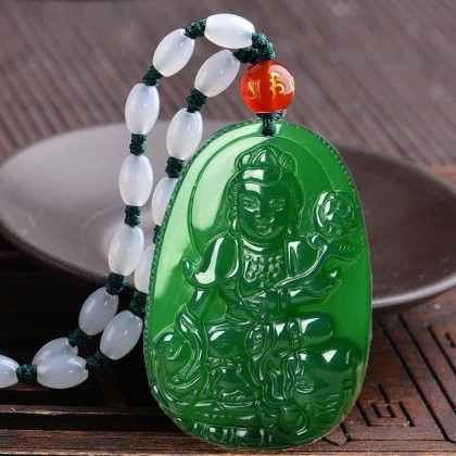 Buddha Pendant Necklace Bodhisattva Amulet Talisman Made of Agate Gemstone red green (green agate Samantabhadra (Worthy))