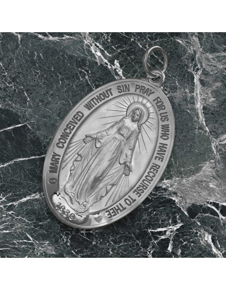 925 Sterling Silver Large 39mm Oval Virgin Mary Antique Pendant Necklace