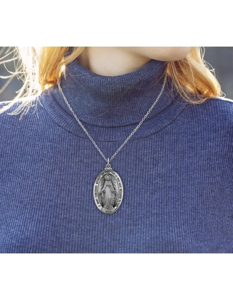 925 Sterling Silver Large 39mm Oval Virgin Mary Antique Pendant Necklace