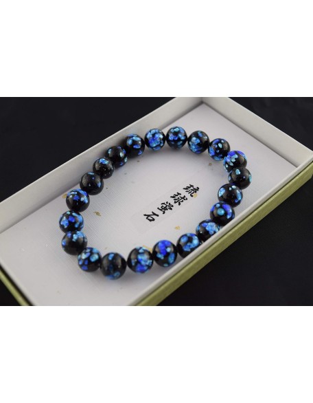 Black Onyx & Pink Blue Ryukyu Fluorite Glass Bracelet Gemstone Elastic Stretch Bracelet Japan Juzu Buddhist Prayer beads Gifts