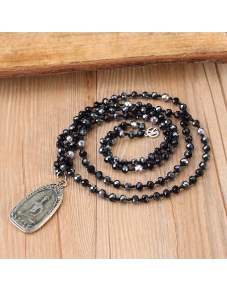 Buddha Pendant Necklaces Natural Stone Beaded Necklaces Handmade Long Chain Strands Necklaces Jewelry for Women (Brown C)