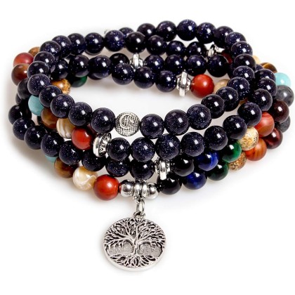 108 Mala Beads Meditation Necklace 7 Chakra Buddhist Prayer Beaded Bracelet Tree of Life Pendant Necklace Healing Stone Yoga Necklace Women Men Bracelets