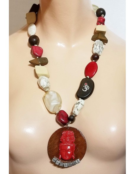 Carved Cinnabar Buddha Amulet Long Gemstone Necklace Earrings One of a Kind