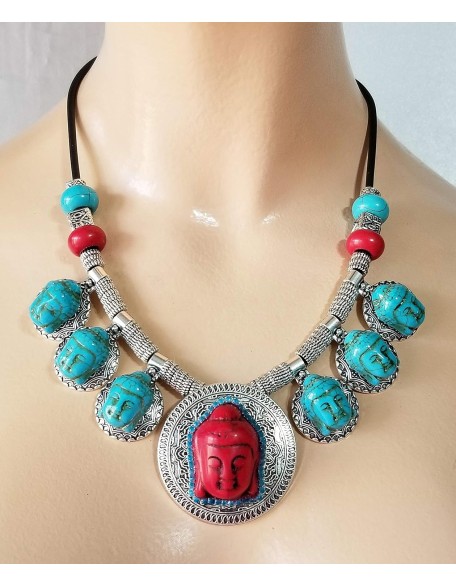 Carved Turquoise Gemstone 7 Buddha Pendants Necklace 2 X Earrings Bracelet One of a Kind