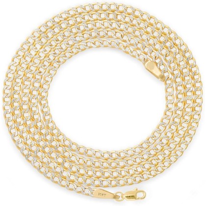 10k Real Yellow Gold Cuban Curb Link 2mm Diamond Cut Pave Chain Necklace (16"-24") Two Tone Italian Jewelry for Men & Women