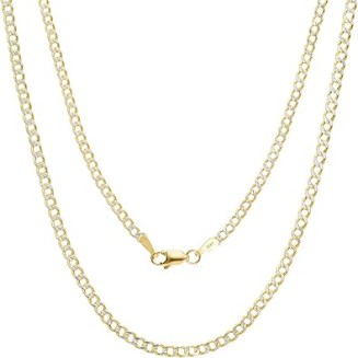 10k Real Yellow Gold Cuban Curb Link 2mm Diamond Cut Pave Chain Necklace (16"-24") Two Tone Italian Jewelry for Men & Women