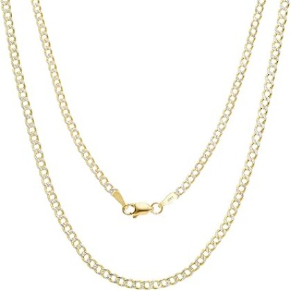 10k Real Yellow Gold Cuban Curb Link 2mm Diamond Cut Pave Chain Necklace (16"-24") Two Tone Italian Jewelry for Men & Women