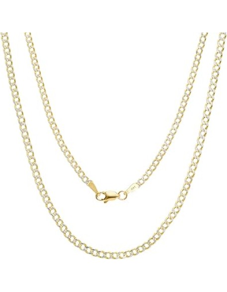 10k Real Yellow Gold Cuban Curb Link 2mm Diamond Cut Pave Chain Necklace (16"-24") Two Tone Italian Jewelry for Men & Women