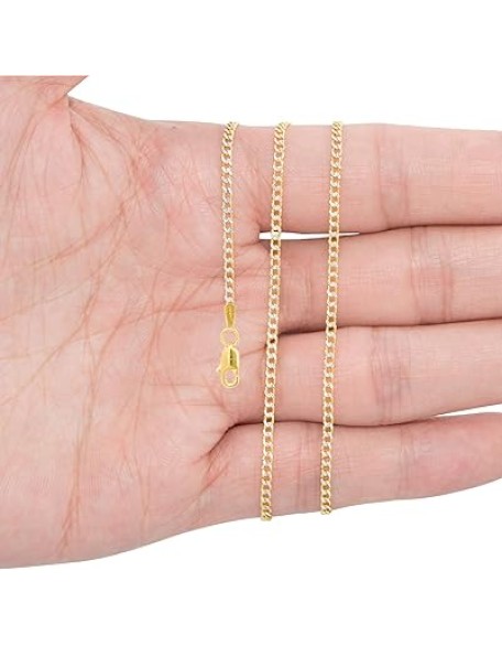 10k Real Yellow Gold Cuban Curb Link 2mm Diamond Cut Pave Chain Necklace (16"-24") Two Tone Italian Jewelry for Men & Women