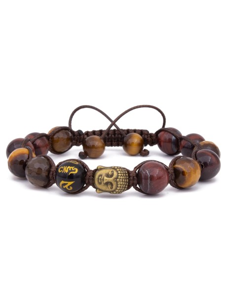 Buddha Red & Brown Tiger's Eye Beaded Bracelet Prosperity Gemstone Bracelet Beaded Macrame Tiger's Eye Tibetan Mantra Om Mani Padme Hum Men's Bracelet