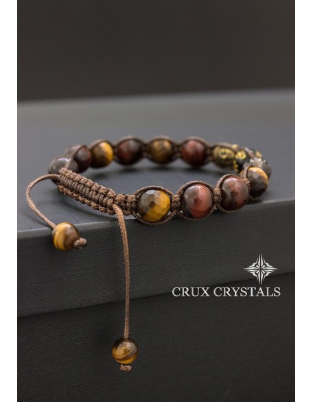 Buddha Red & Brown Tiger's Eye Beaded Bracelet Prosperity Gemstone Bracelet Beaded Macrame Tiger's Eye Tibetan Mantra Om Mani Padme Hum Men's Bracelet