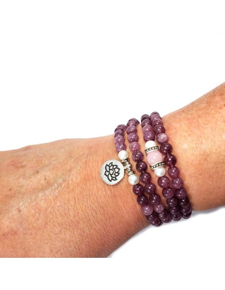 Emotional Healer 108 Japa Mala Real Semi-Precious Stones - Lepidolite & Rose Quartz + Lotus Charm & South Sea Pearls - Yoga Meditation Necklace Stretchy EXCLUSIVE YOGA GIRL USA HANDMADE