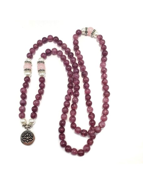 Emotional Healer 108 Japa Mala Real Semi-Precious Stones - Lepidolite & Rose Quartz + Lotus Charm & South Sea Pearls - Yoga Meditation Necklace Stretchy EXCLUSIVE YOGA GIRL USA HANDMADE