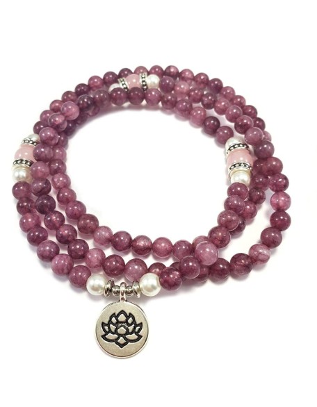 Emotional Healer 108 Japa Mala Real Semi-Precious Stones - Lepidolite & Rose Quartz + Lotus Charm & South Sea Pearls - Yoga Meditation Necklace Stretchy EXCLUSIVE YOGA GIRL USA HANDMADE