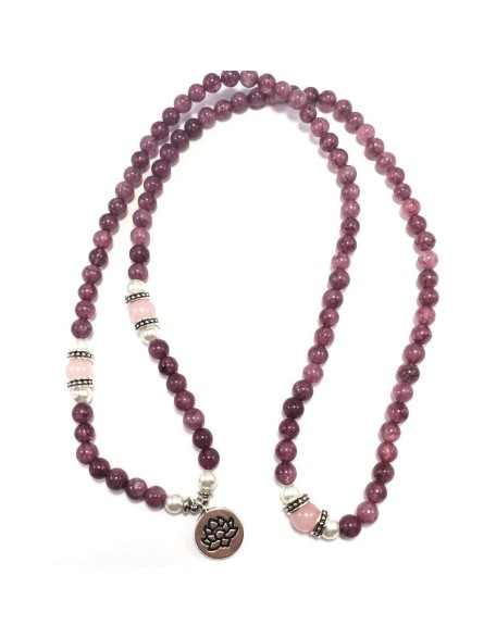 Emotional Healer 108 Japa Mala Real Semi-Precious Stones - Lepidolite & Rose Quartz + Lotus Charm & South Sea Pearls - Yoga Meditation Necklace Stretchy EXCLUSIVE YOGA GIRL USA HANDMADE