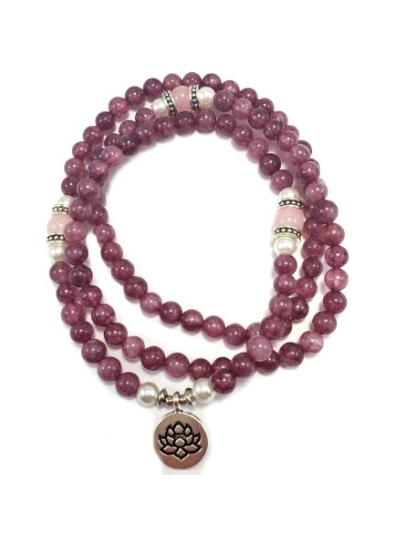Emotional Healer 108 Japa Mala Real Semi-Precious Stones - Lepidolite & Rose Quartz + Lotus Charm & South Sea Pearls - Yoga Meditation Necklace Stretchy EXCLUSIVE YOGA GIRL USA HANDMADE