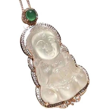 925 Silver Natural White Chalcedony Baby Buddha Pendant Necklace