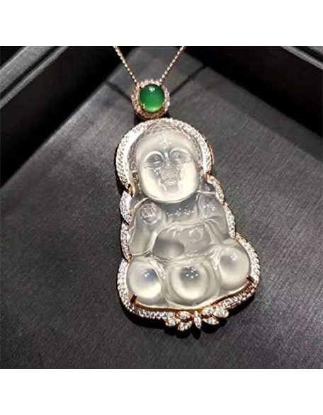 925 Silver Natural White Chalcedony Baby Buddha Pendant Necklace