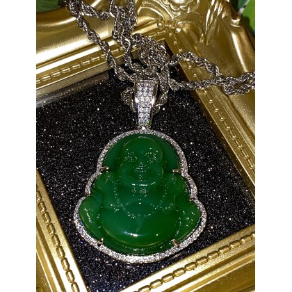 Laughing Buddha Green Jade Pendant Silver Necklace Rope Chain Genuine Certified Grade A Jadeite Jade Hand Crafted, Jade Necklace, 14k Laughing Jade Buddha necklace, Jade Medallion