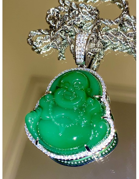 Laughing Buddha Green Jade Pendant Silver Necklace Rope Chain Genuine Certified Grade A Jadeite Jade Hand Crafted, Jade Necklace, 14k Laughing Jade Buddha necklace, Jade Medallion