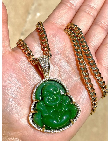 Iced Laughing Buddha Green Jade Pendant Necklace Miami Cuban Link 6mm Chain Genuine Certified Grade A Jadeite Jade Hand Crafted, Jade Neckalce, 14k Gold Filled Laughing Jade Buddha Necklace