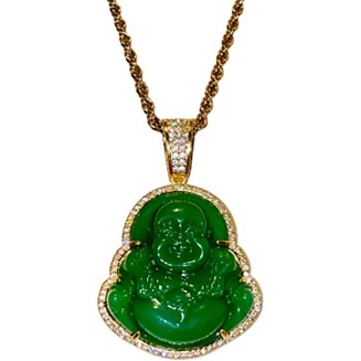 Iced Laughing Buddha Green Jade Pendant Necklace Rope Chain Genuine Certified Grade A Jadeite Jade Hand Crafted, Jade Neckalce, 14k Gold Filled Laughing Jade Buddha Necklace, Jade Medallion